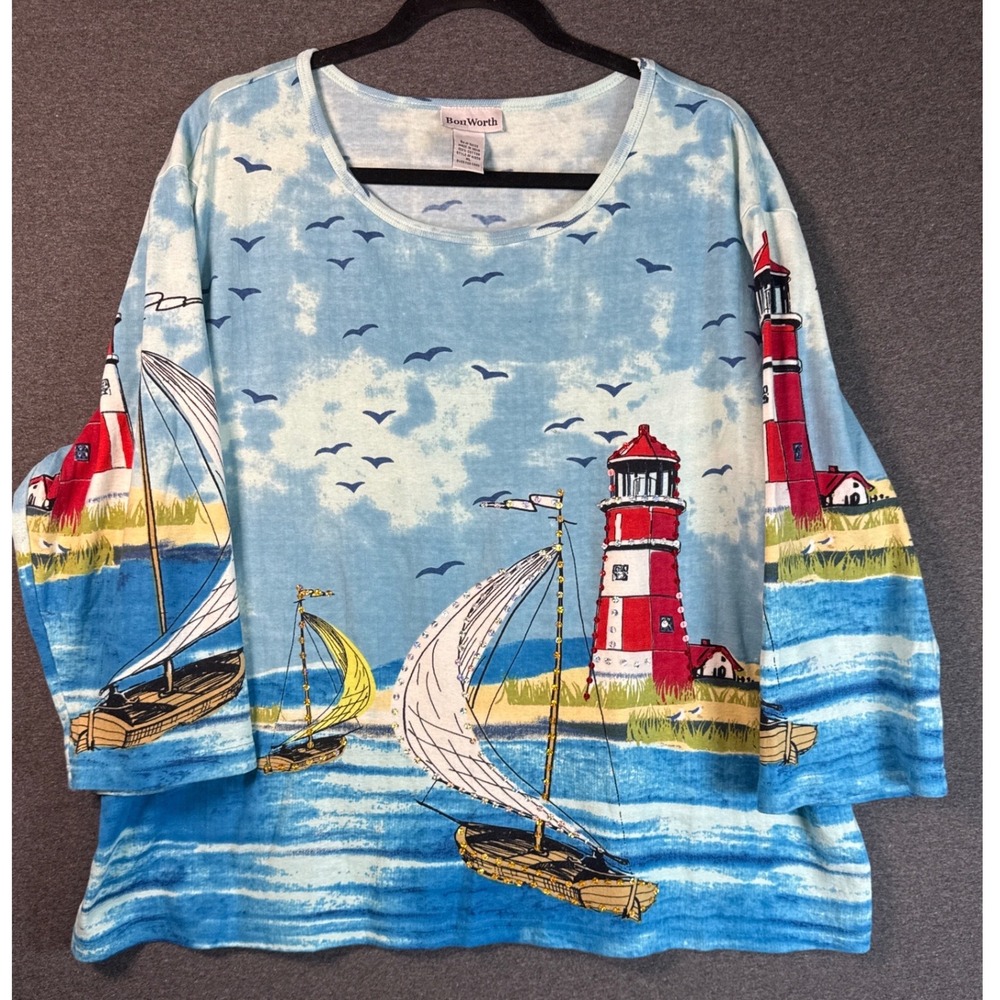 BonWorth Womens XL Nautical Lighthouse Sailboat Sequin Cotton Top Blue Beachy